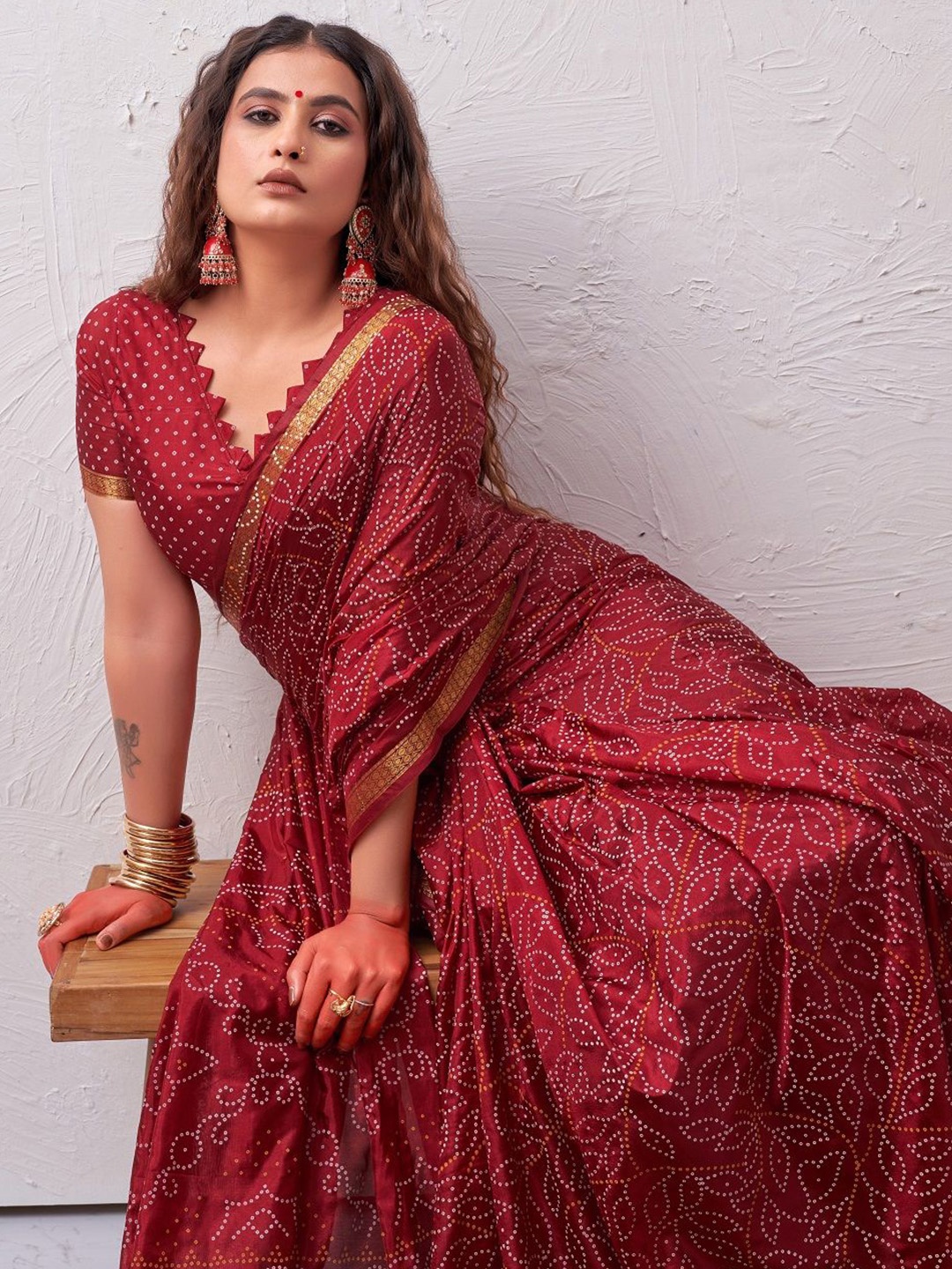 Bandhanivilla Zari Pure Silk Bandhani Saree, Maroon