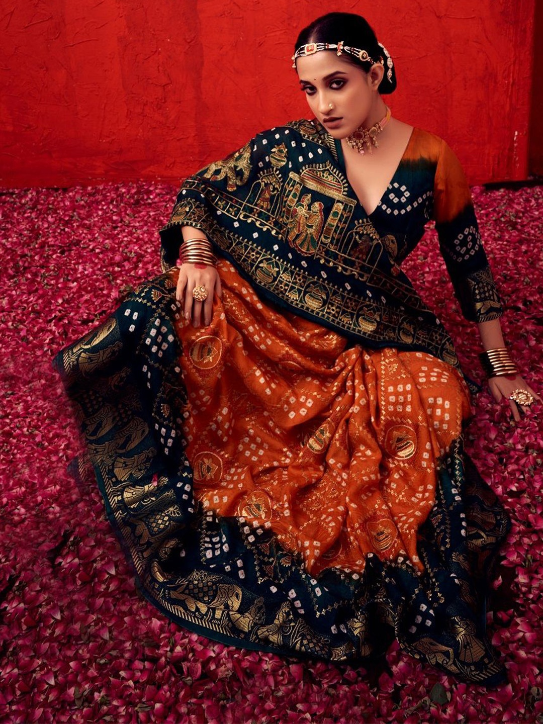 Bandhanivilla Bandhani Printed Pure Silk Bandhani Saree, Orange