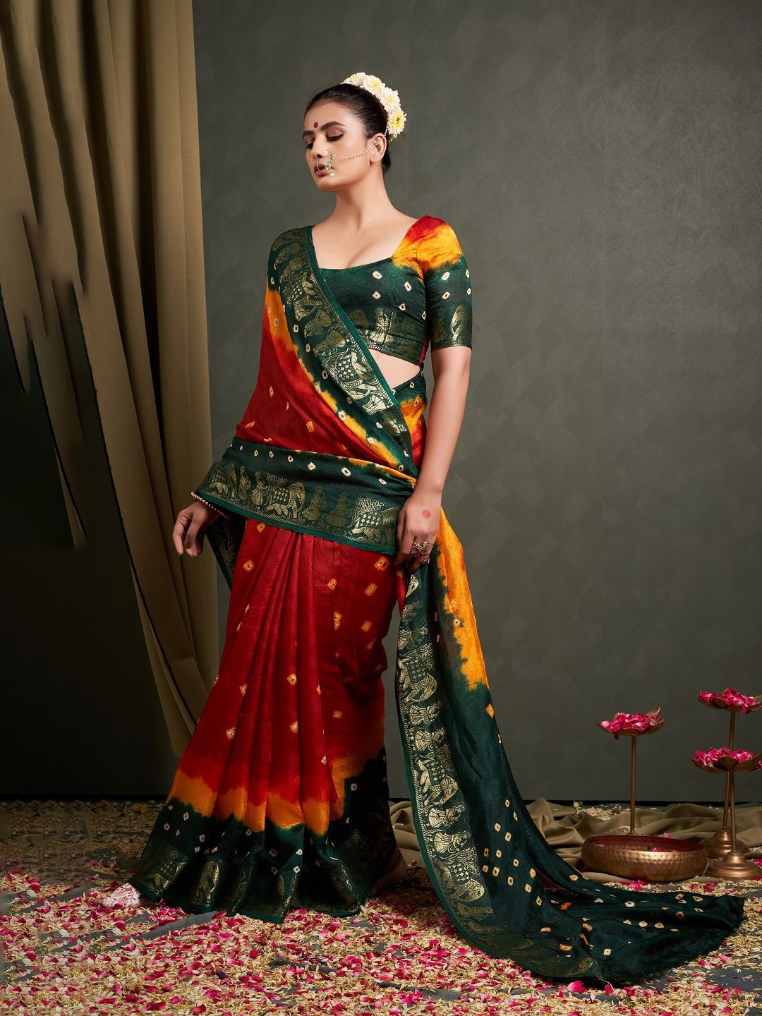 Bandhanivilla Bandhani Printed Zari Pure Silk Bandhani Saree, Maroon