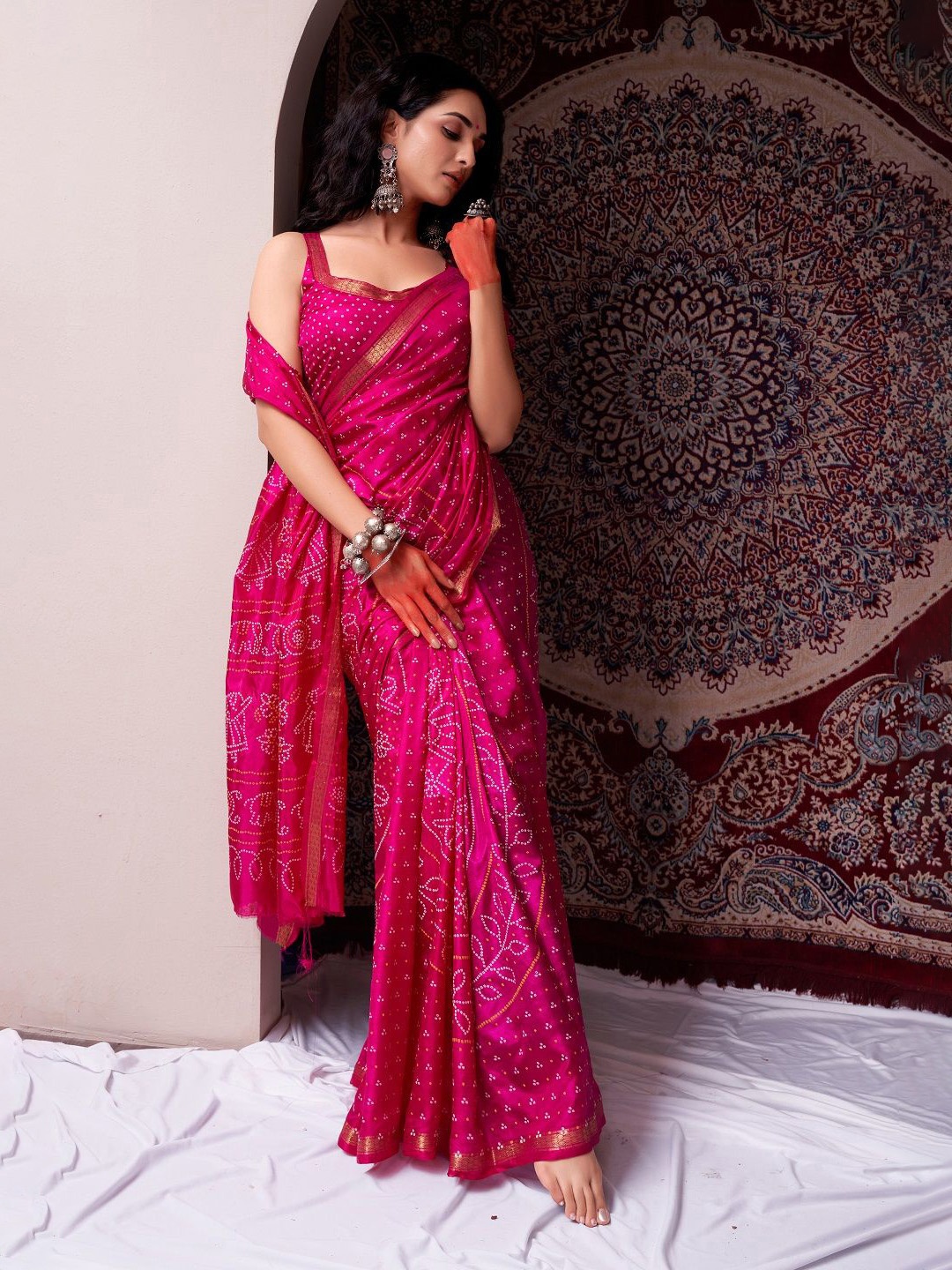 

Bandhanivilla Bandhani Zari Pure Silk Bandhani Saree, Pink