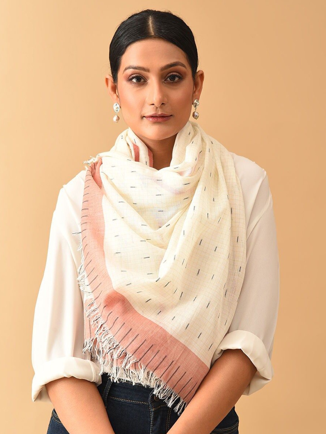 

JAYPORE Women Woven Design Cotton Stole, Cream