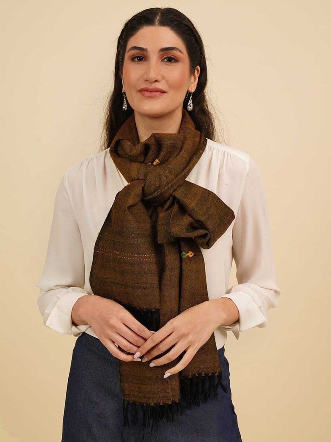 

JAYPORE Women Woven Design Stole With Tasselled Border, Brown