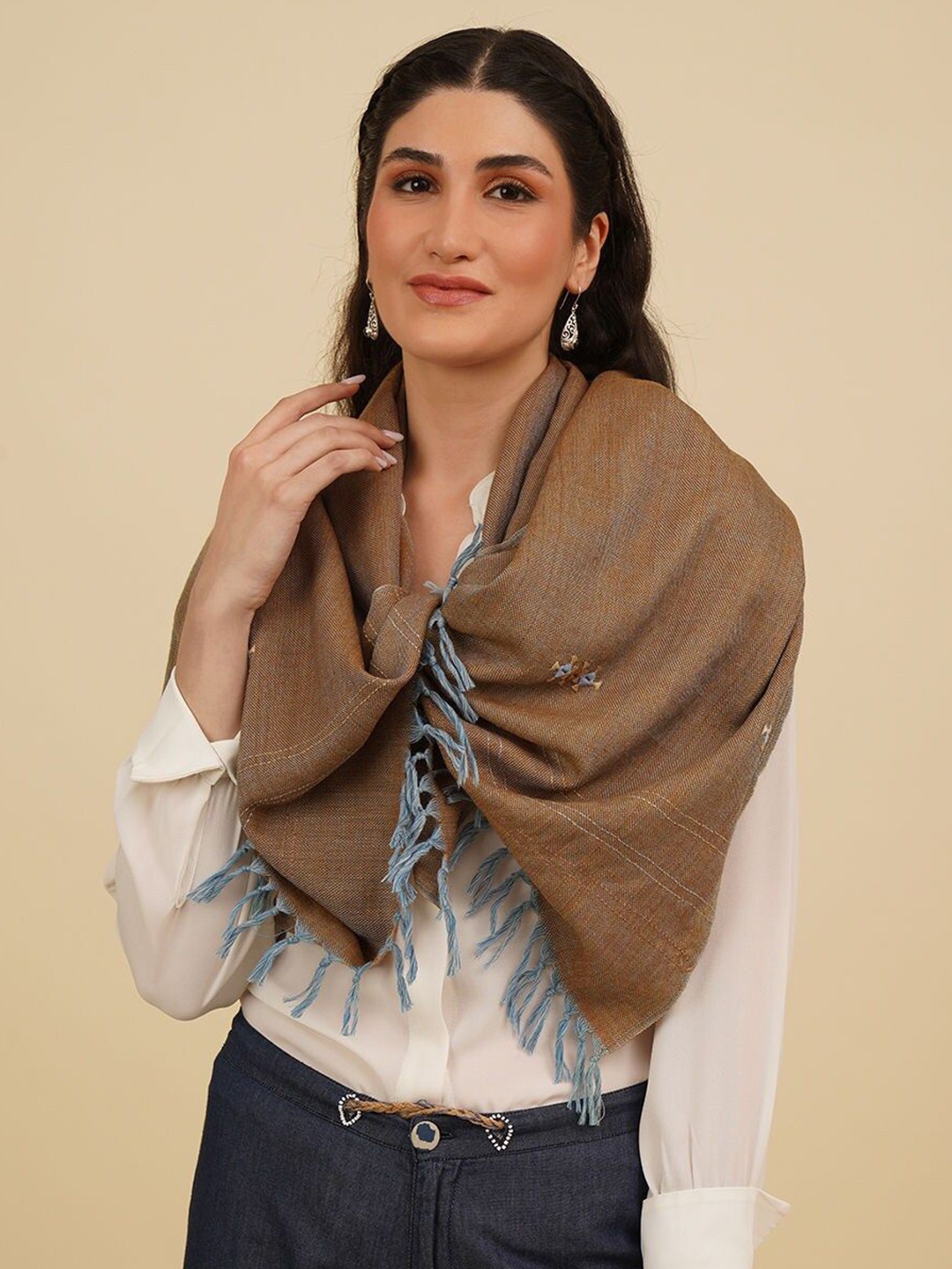 

JAYPORE Women Woven Design Woollen Stole, Brown