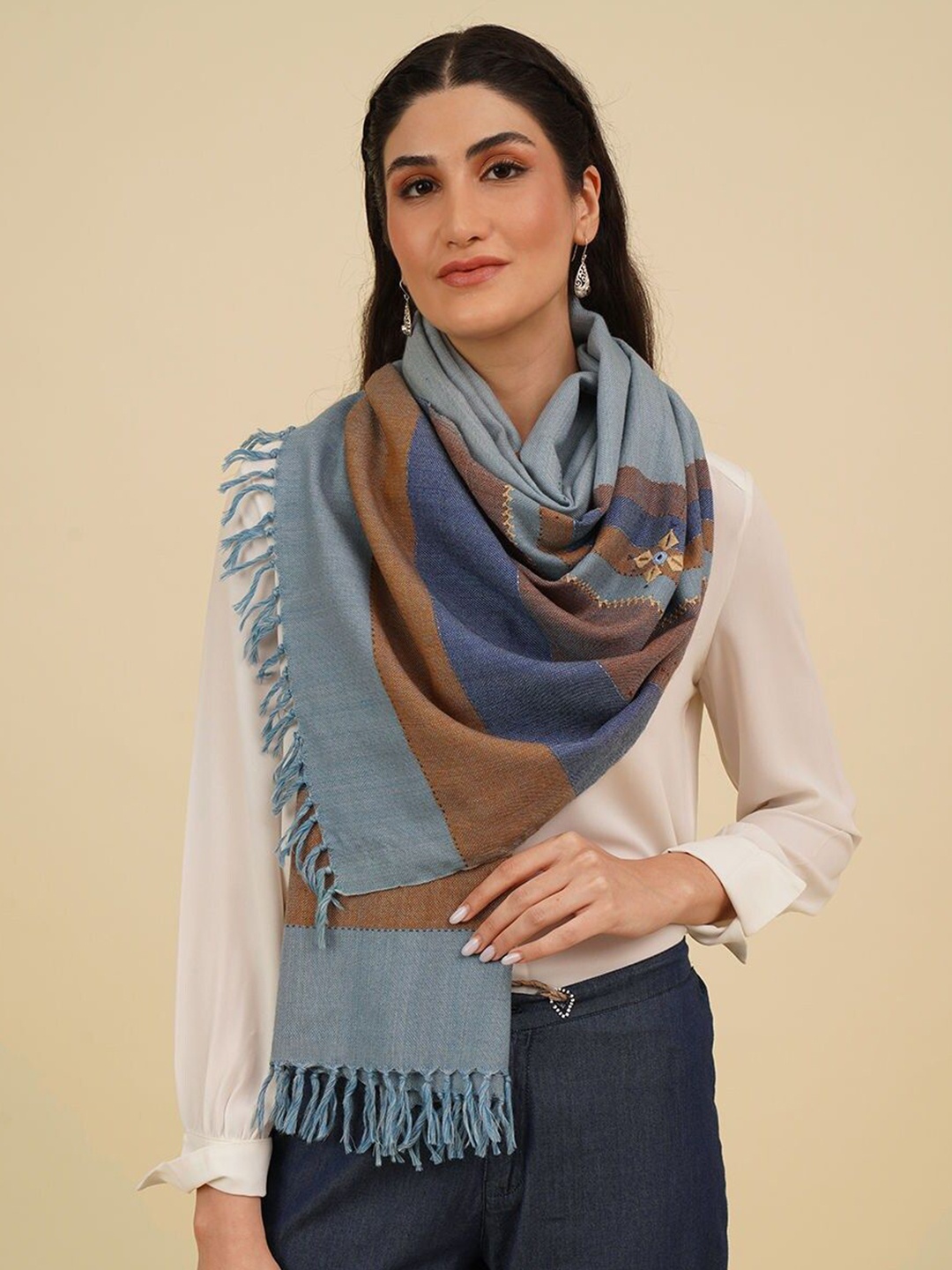 

JAYPORE Women Striped Stole With Tasselled Border, Blue