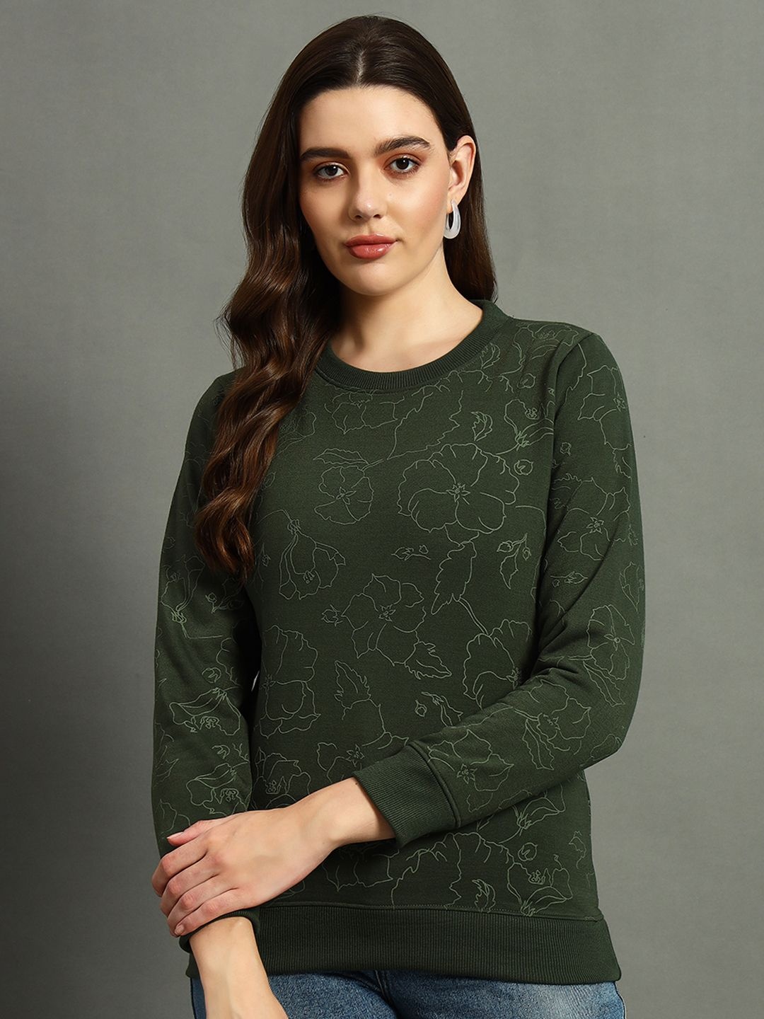 RISS Women Printed Sweatshirt, Olive