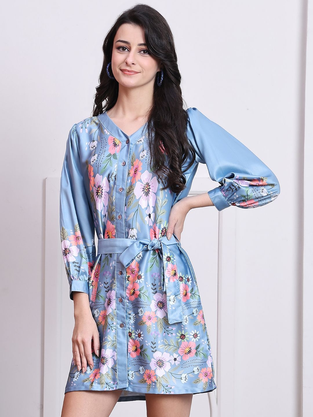 

Indian Needle Women Floral Printed Puff Sleeves A-Line Dress, Blue