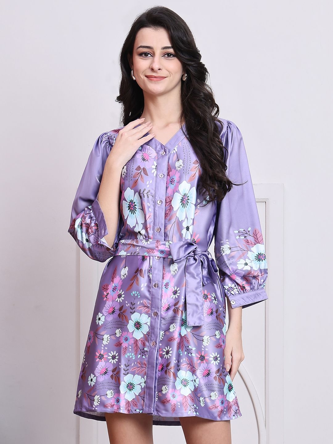 

Indian Needle Women Floral Printed Puff Sleeve Satin A-Line Dress, Lavender