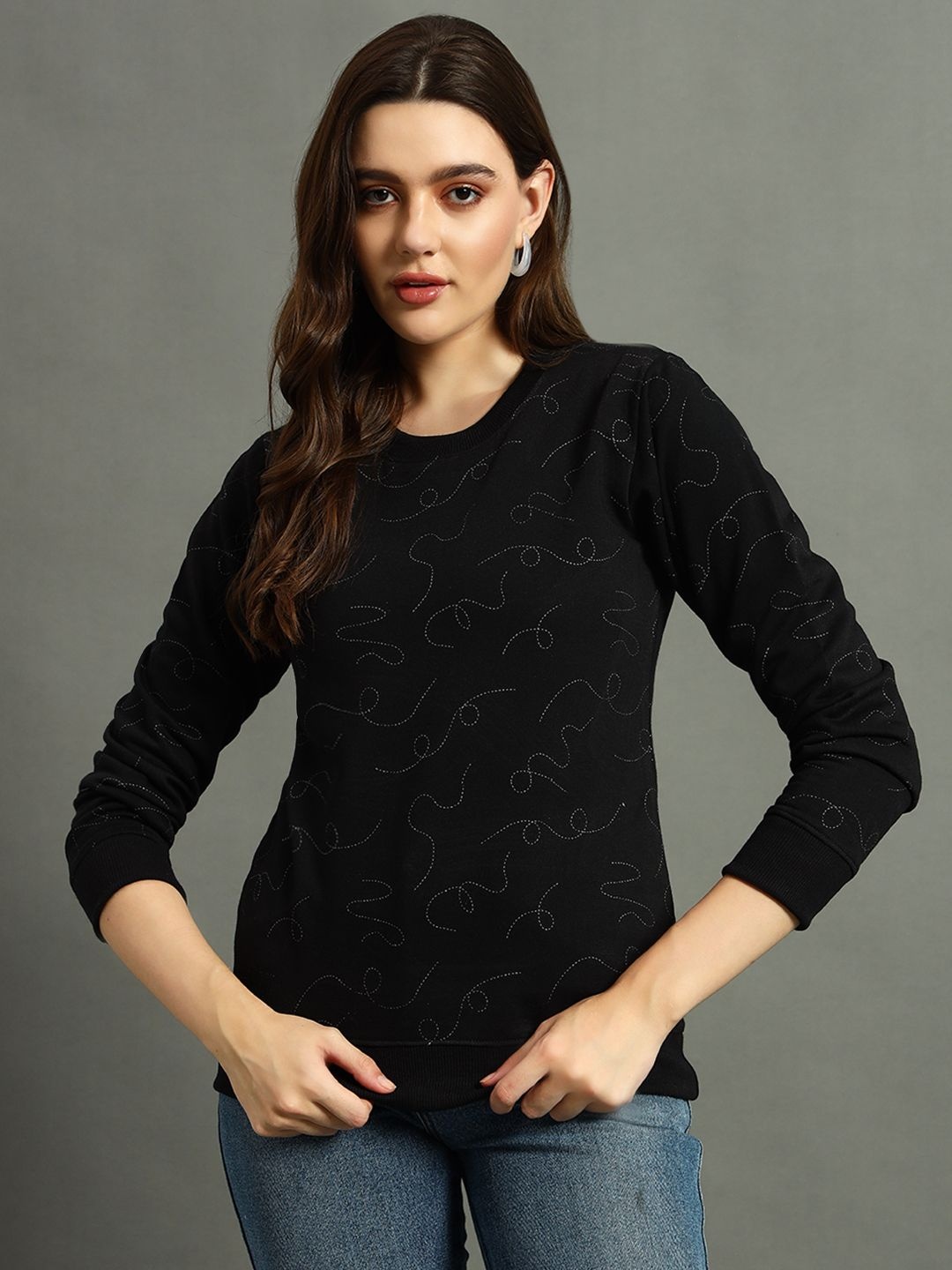 

RISS Women Printed Cotton Sweatshirt, Black