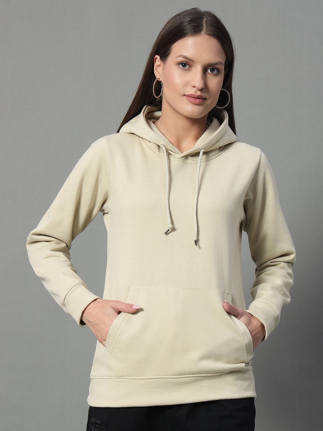 RISS Women Hooded Pure Cotton Sweatshirt, Beige