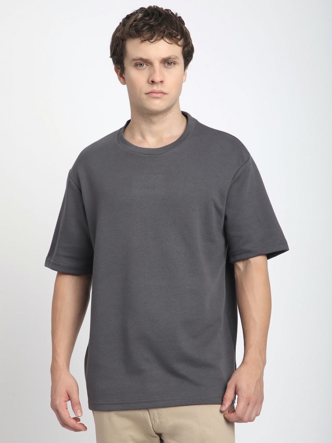 

R&B Men Solid Round Neck Cotton Relaxed Fit T-shirt, Grey