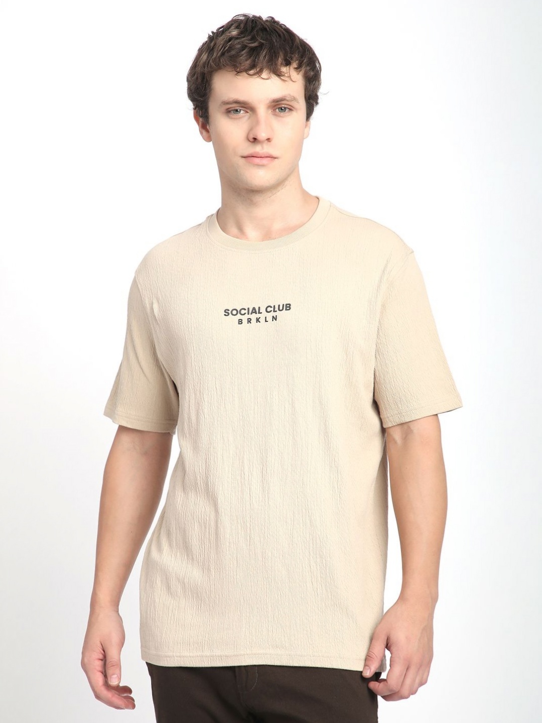 

R&B Men Typography Printed Round Neck Cotton T-shirt, Beige