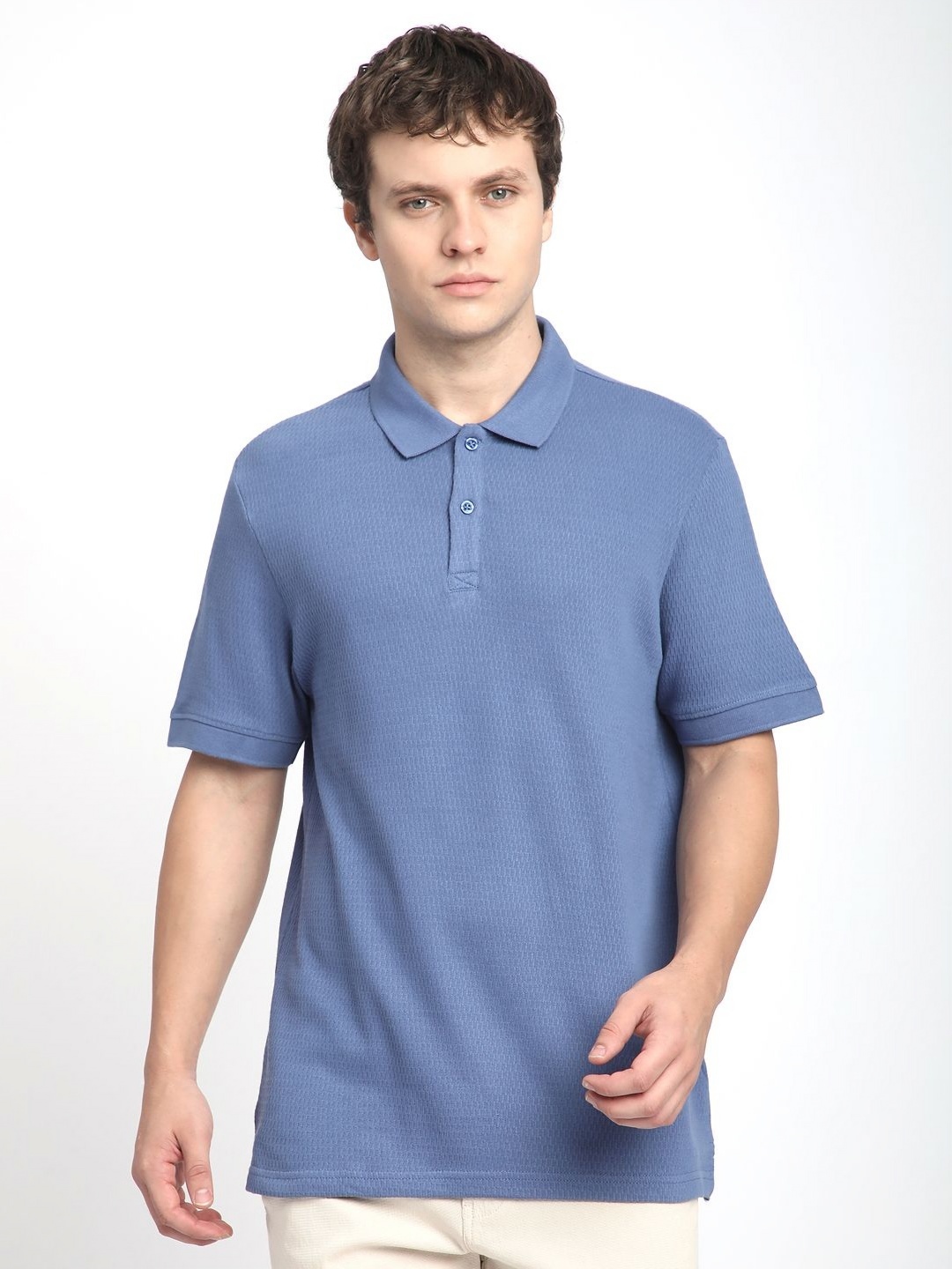 

R&B Men Self Design Polo Collar Cotton Relaxed Fit T-shirt, Blue