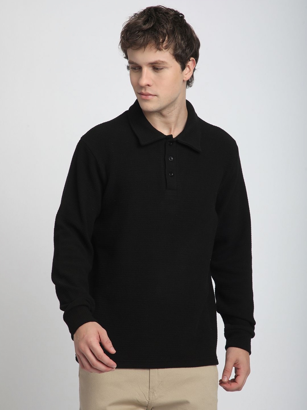 

R&B Men Solid Polo Collar Cotton T-shirt, Black