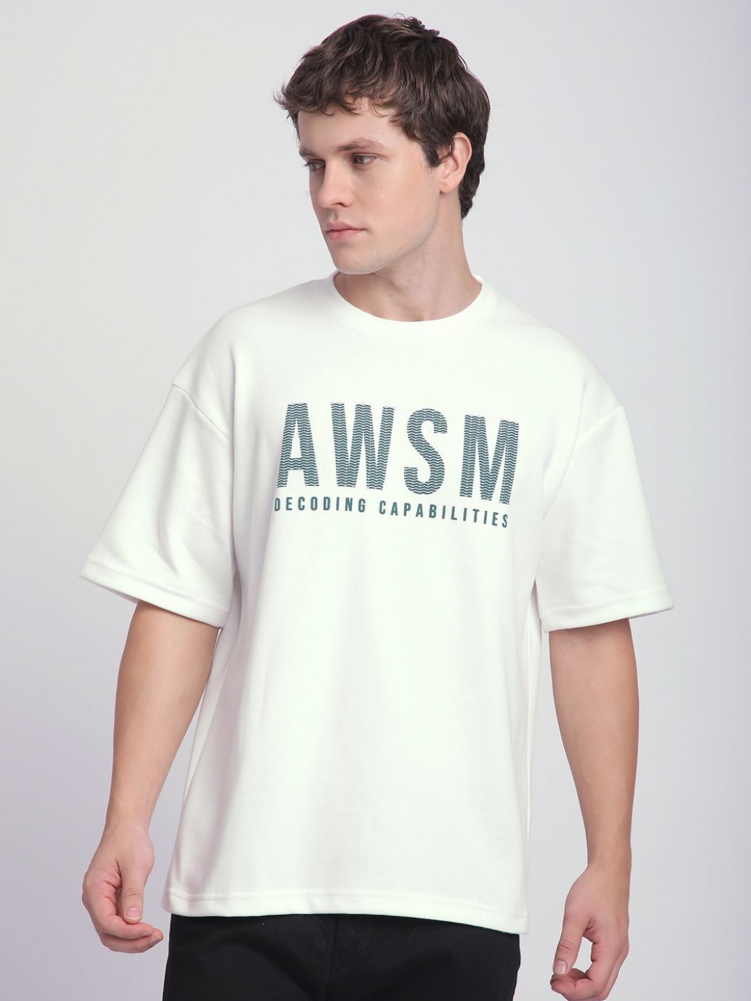 

R&B Men Typography Printed Round Neck Cotton Relaxed Fit T-shirt, White