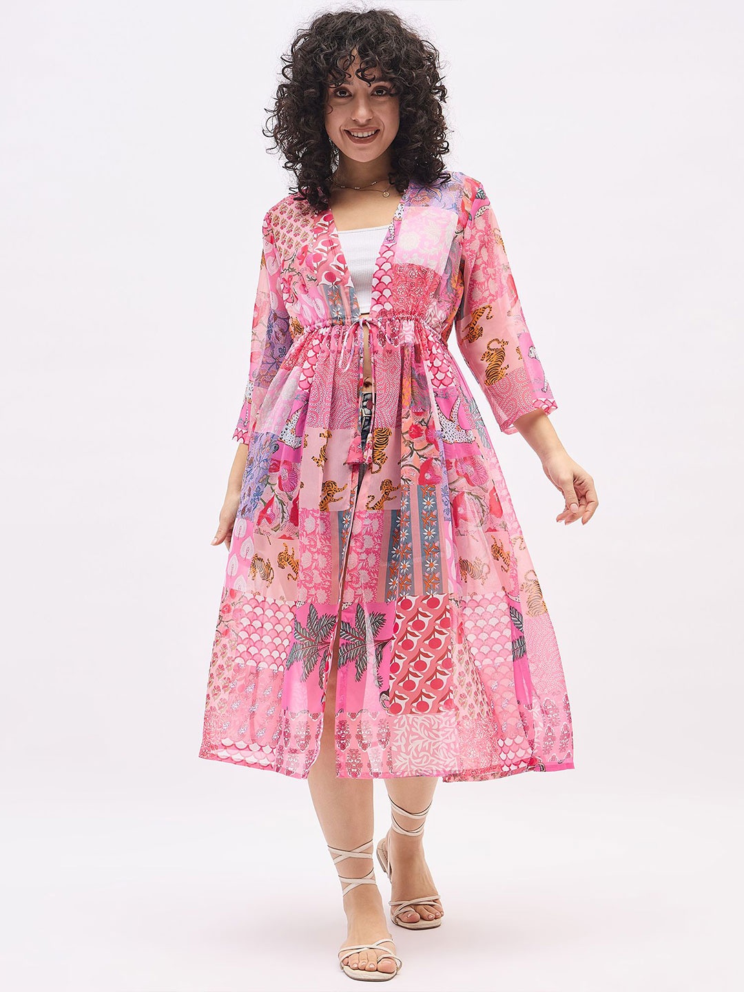 

DressBerry Floral Printed Longline Open Front Shrug, Pink