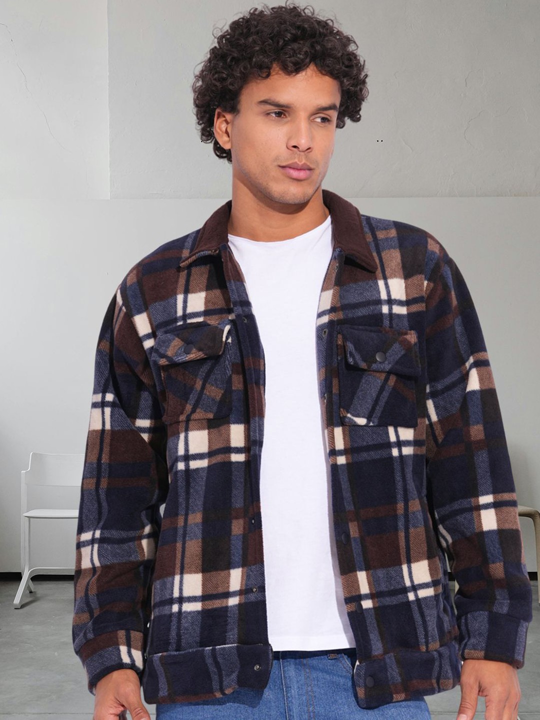 

PRONK Checked Spread Collar Relaxed Fit Shacket, Brown