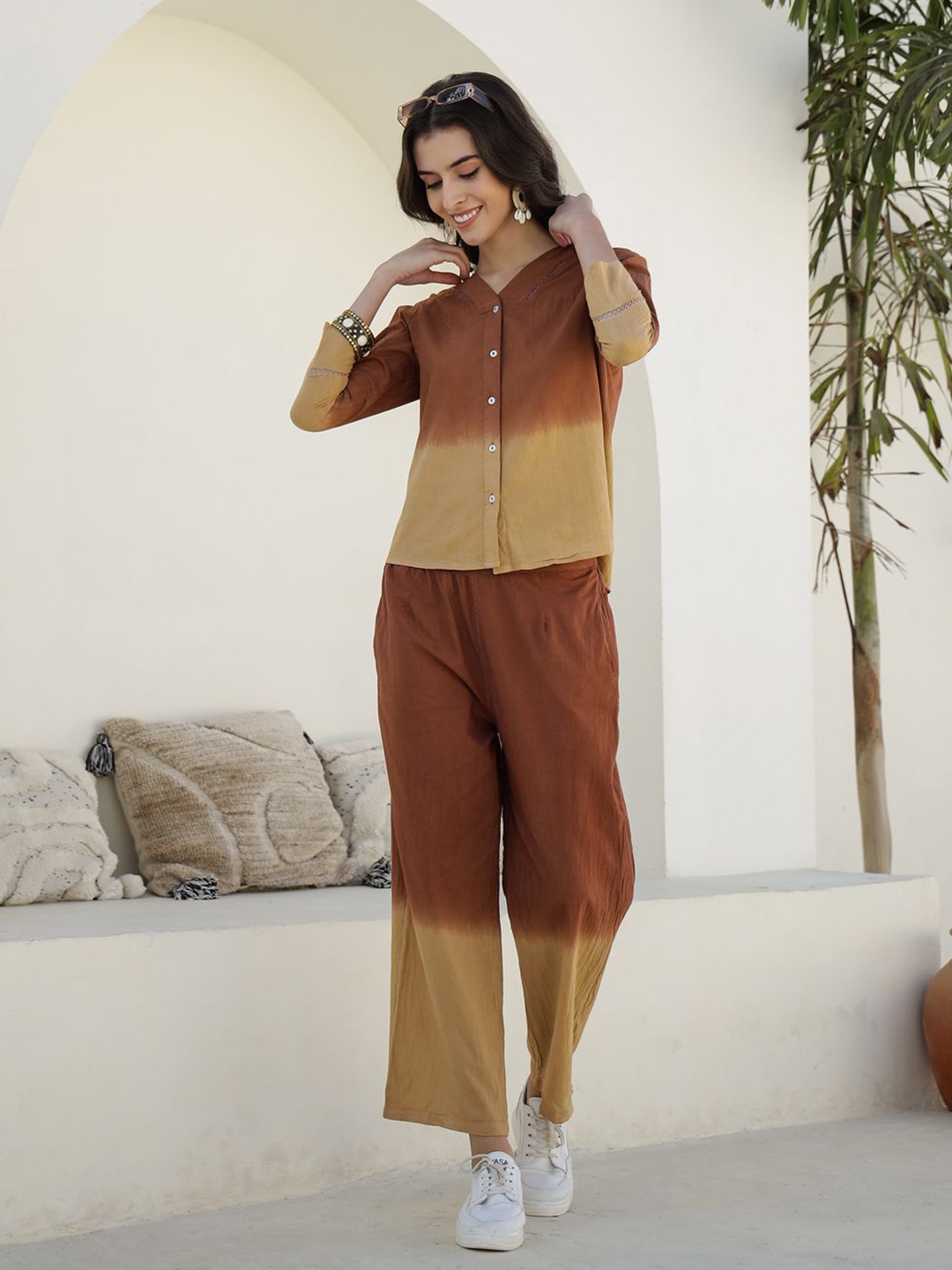 

SANSKRUTIHOMES Women Shirt Collar Pure Cotton Shirt With Trousers Co-Ords, Brown