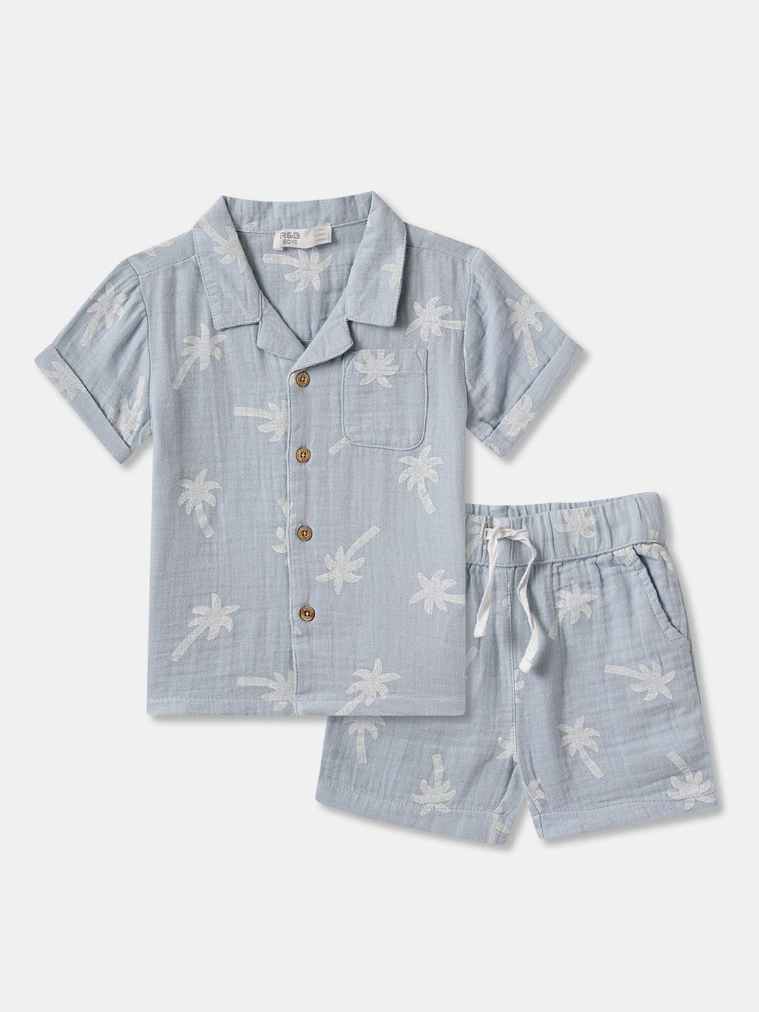 

R&B Printed Shirt Collar Pure Cotton Shirt with Shorts, Blue