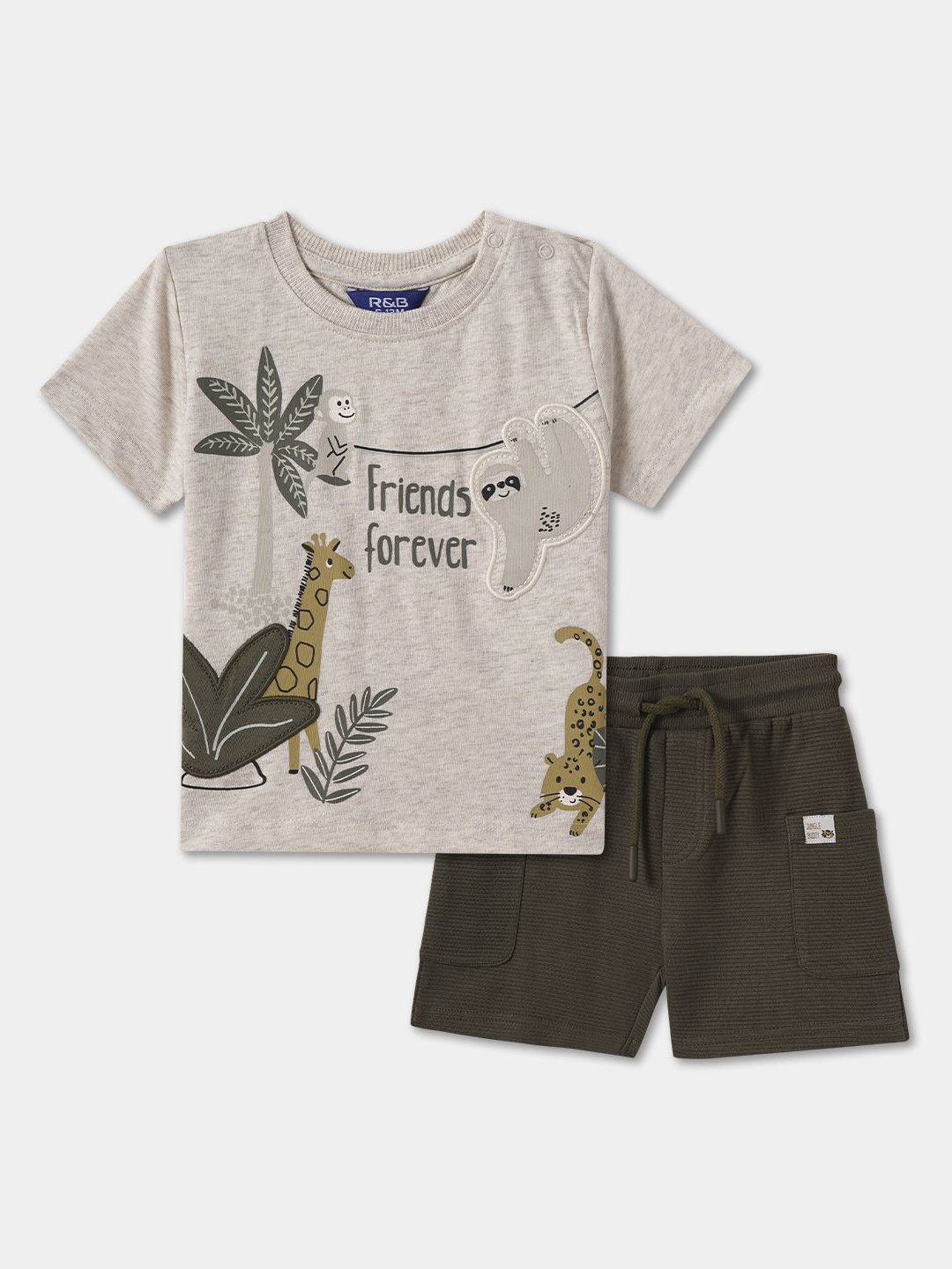 

R&B Printed Round Neck Cotton T-shirt with Shorts, Beige