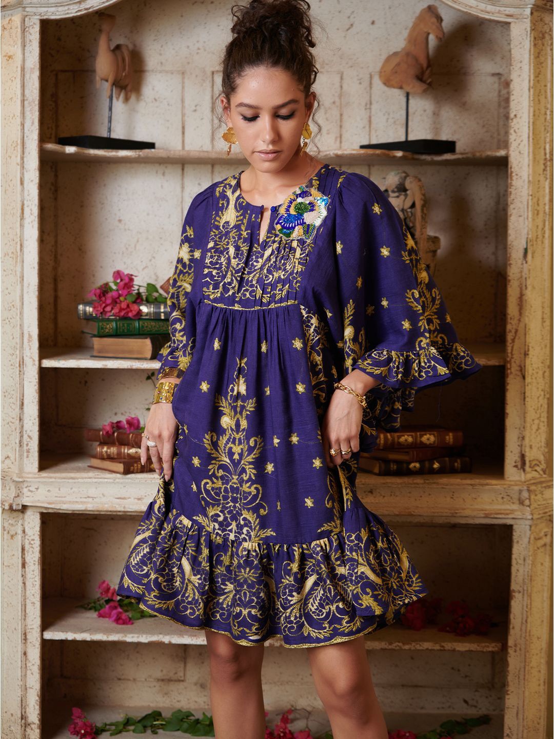 

CIN CIN Women Cotton Floral Printed Round Neck Bell Sleeves A-Line Dress, Purple