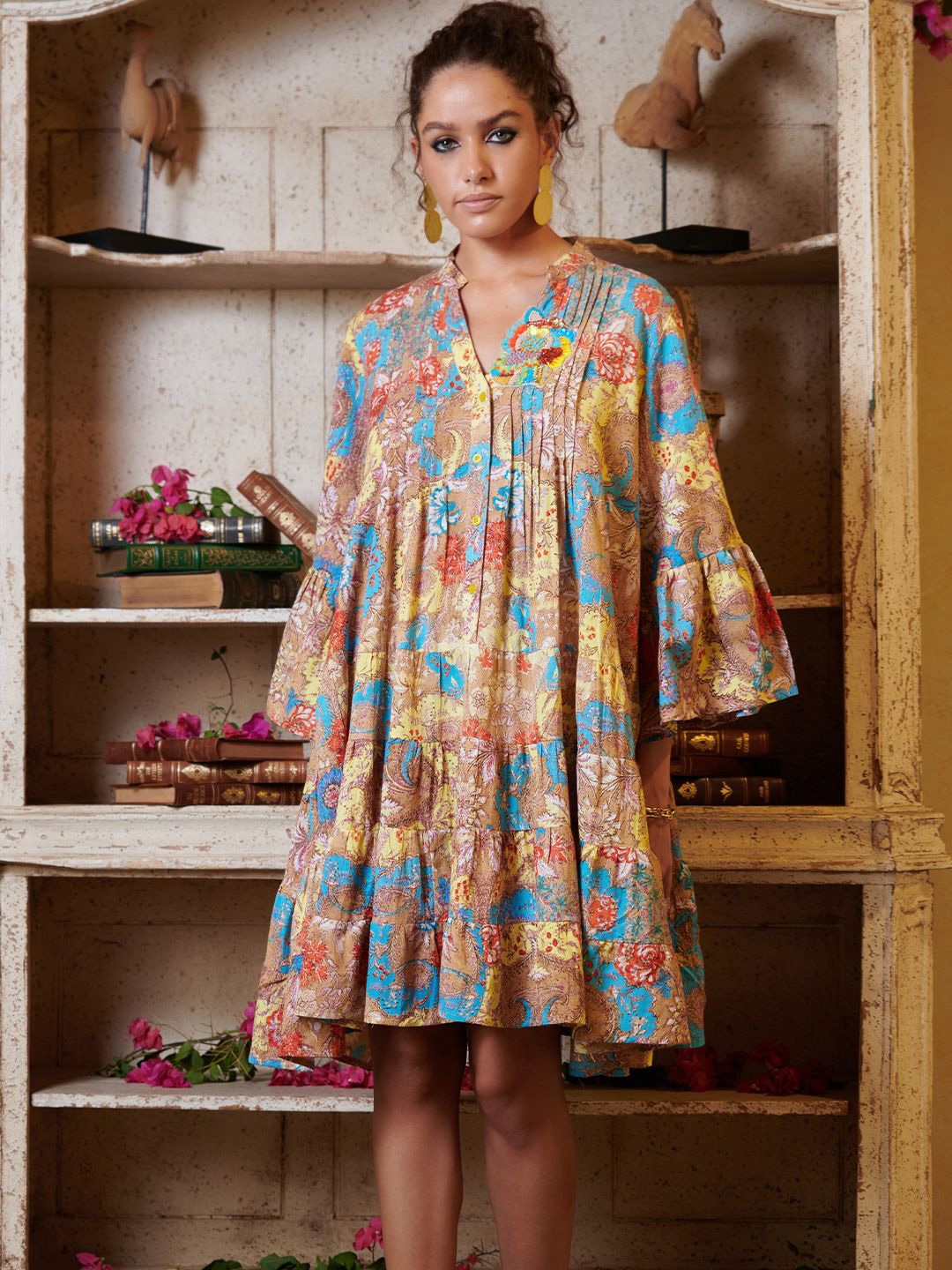 

CIN CIN Women Floral Print Bell Sleeve A-Line Dress, Blue