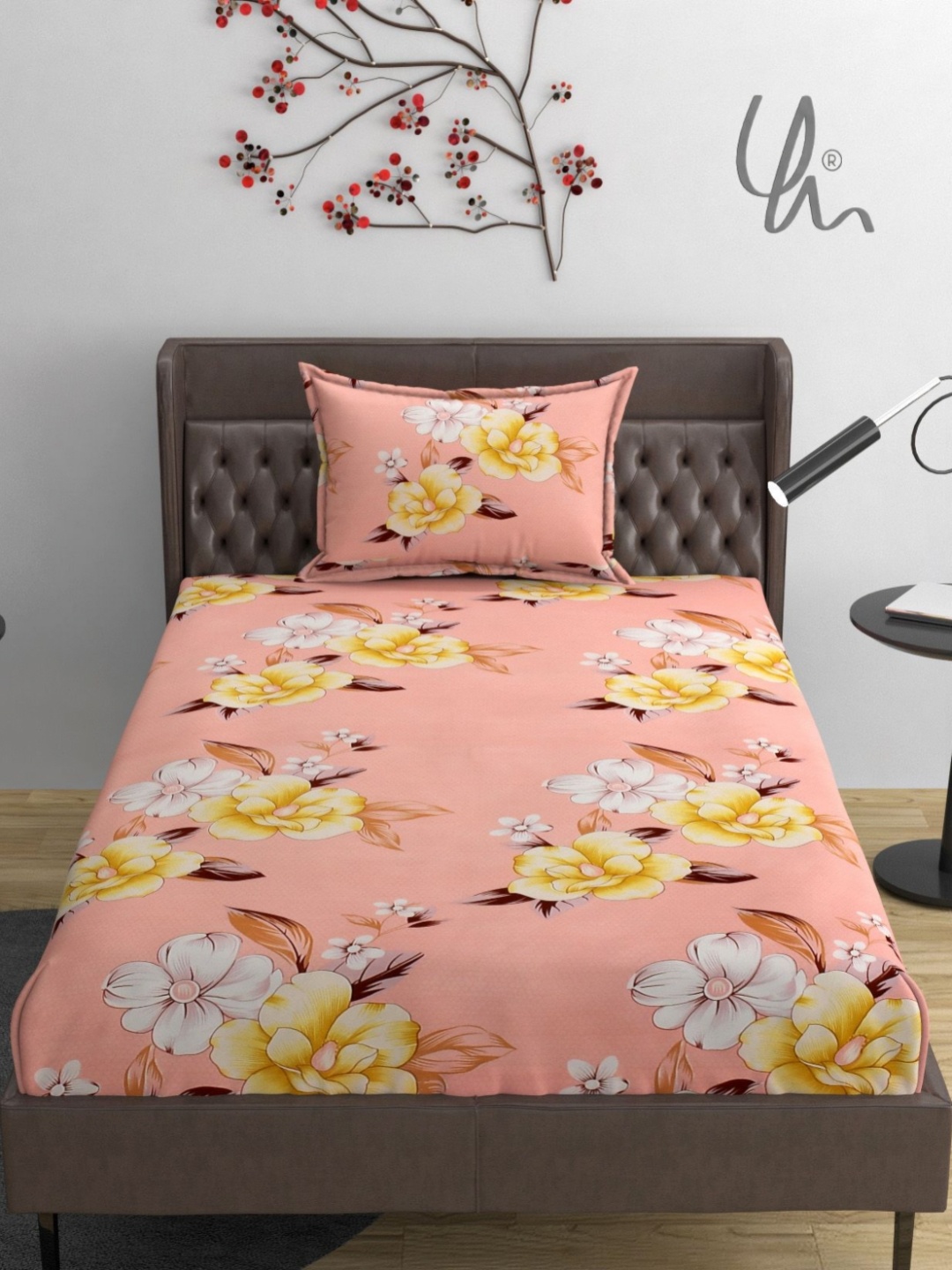 

YaAkholic Peach-Coloured & Yellow Floral 210 TC Single Bedsheet Set-1.82m x 1.21 m