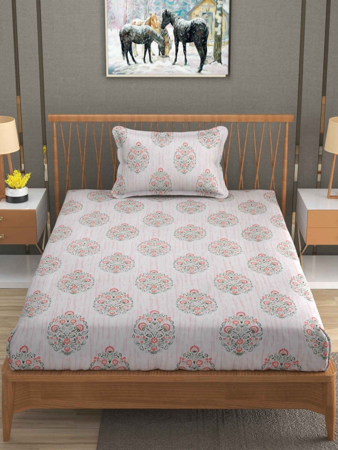 

YaAkholic Cream Printed Microfiber Fitted 210 TC Single Bedsheet Set 1.82 m x 1.21 m