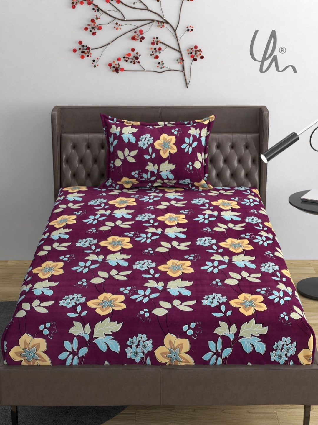 YaAkholic Purple Printed Microfiber Fitted 210 TC Single Bedsheet Set 1.82 m x 1.21 m