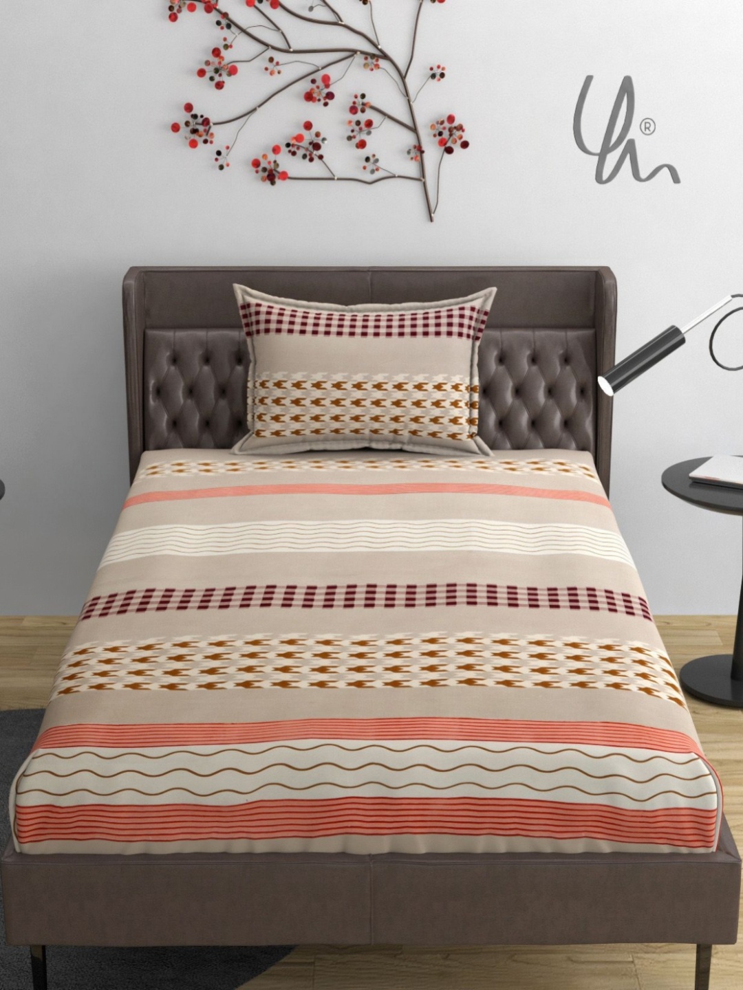 

YaAkholic Beige Printed Microfiber Fitted 210 TC Single Bedsheet Set 1.82 m x 1.21 m