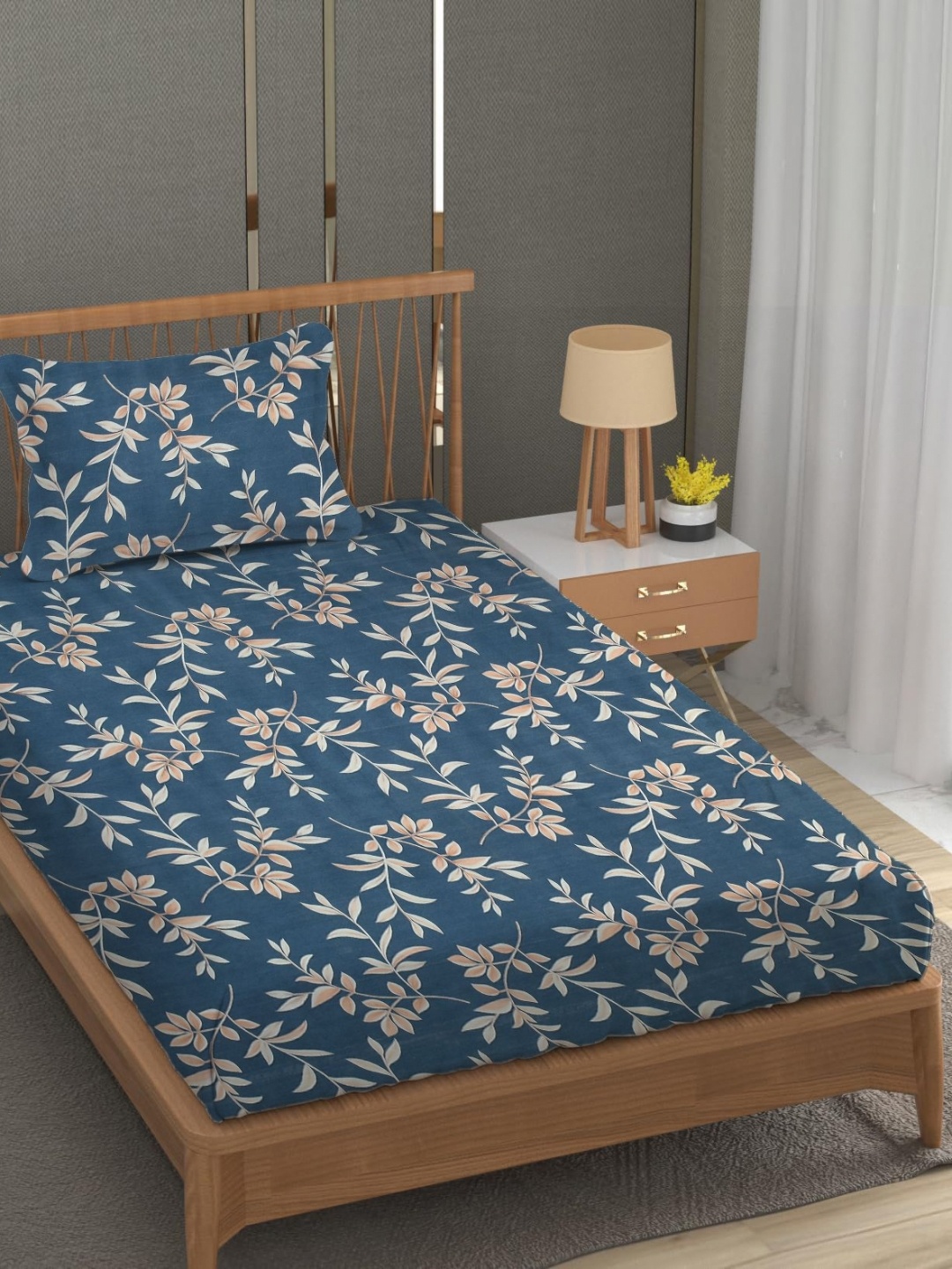 

YaAkholic Blue Floral Printed Microfiber Fitted 220 TC Single Bedsheet Set 1.82 m x 1.21 m