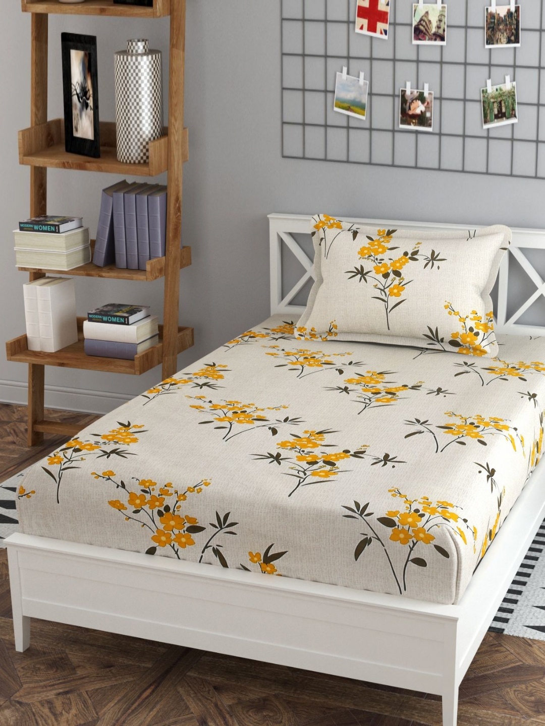 

YaAkholic Cream Floral Printed Microfiber Fitted 220 TC Single Bedsheet Set 1.82 x 1.21 m