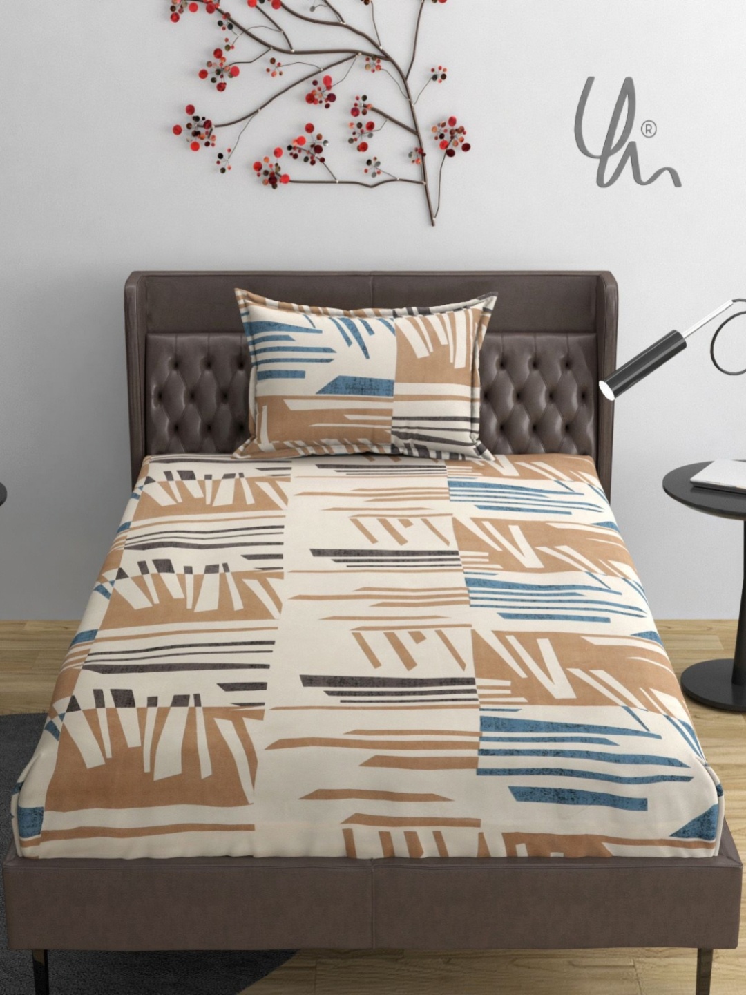 

YaAkholic Beige Printed Microfiber Fitted 210 TC Single Bedsheet Set 1.82 m x 1.21 m