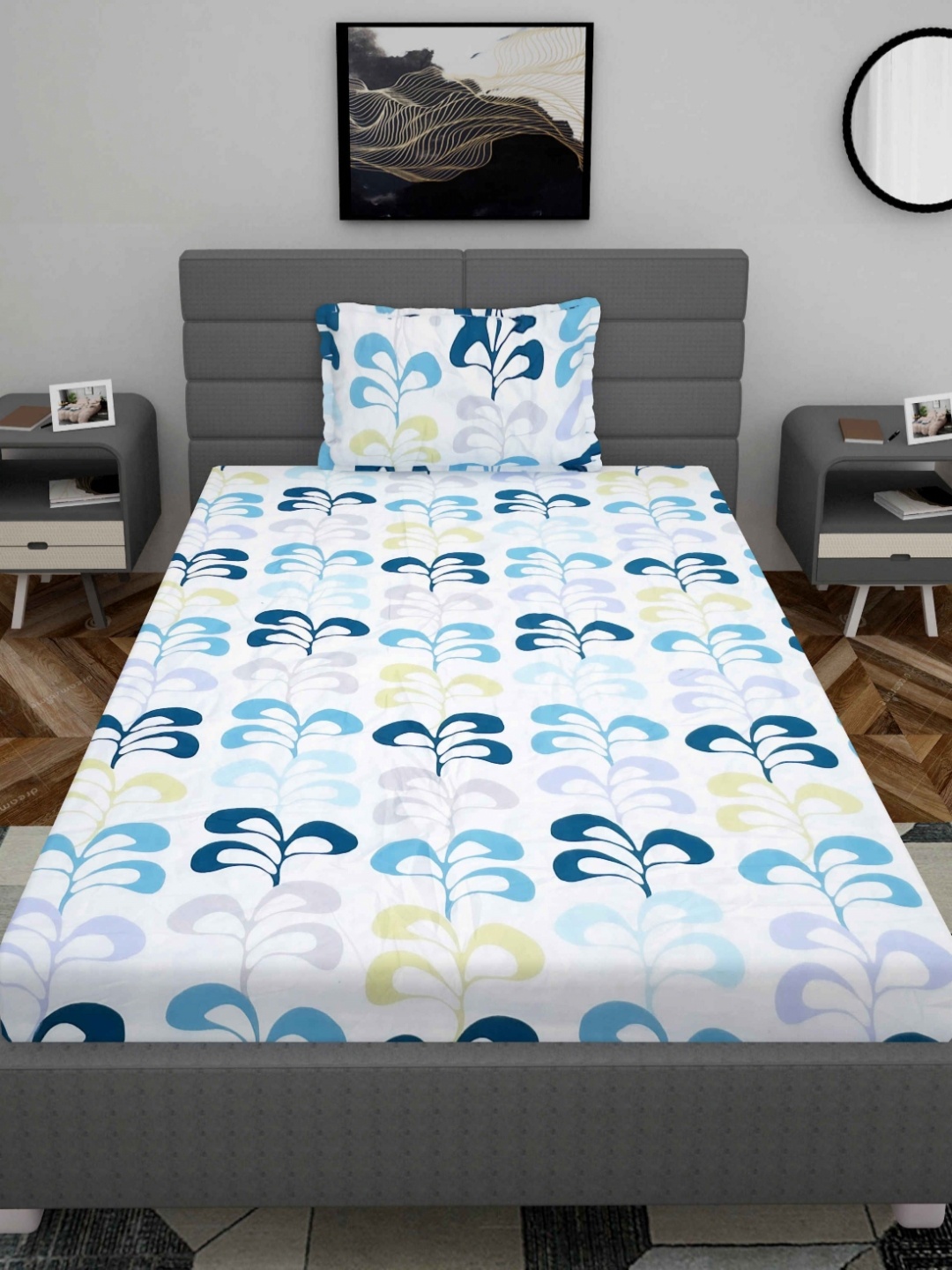 

YaAkholic Cream-Coloured & Blue Floral 210 TC Single Bedsheet Set-1.82m x 1.21 m