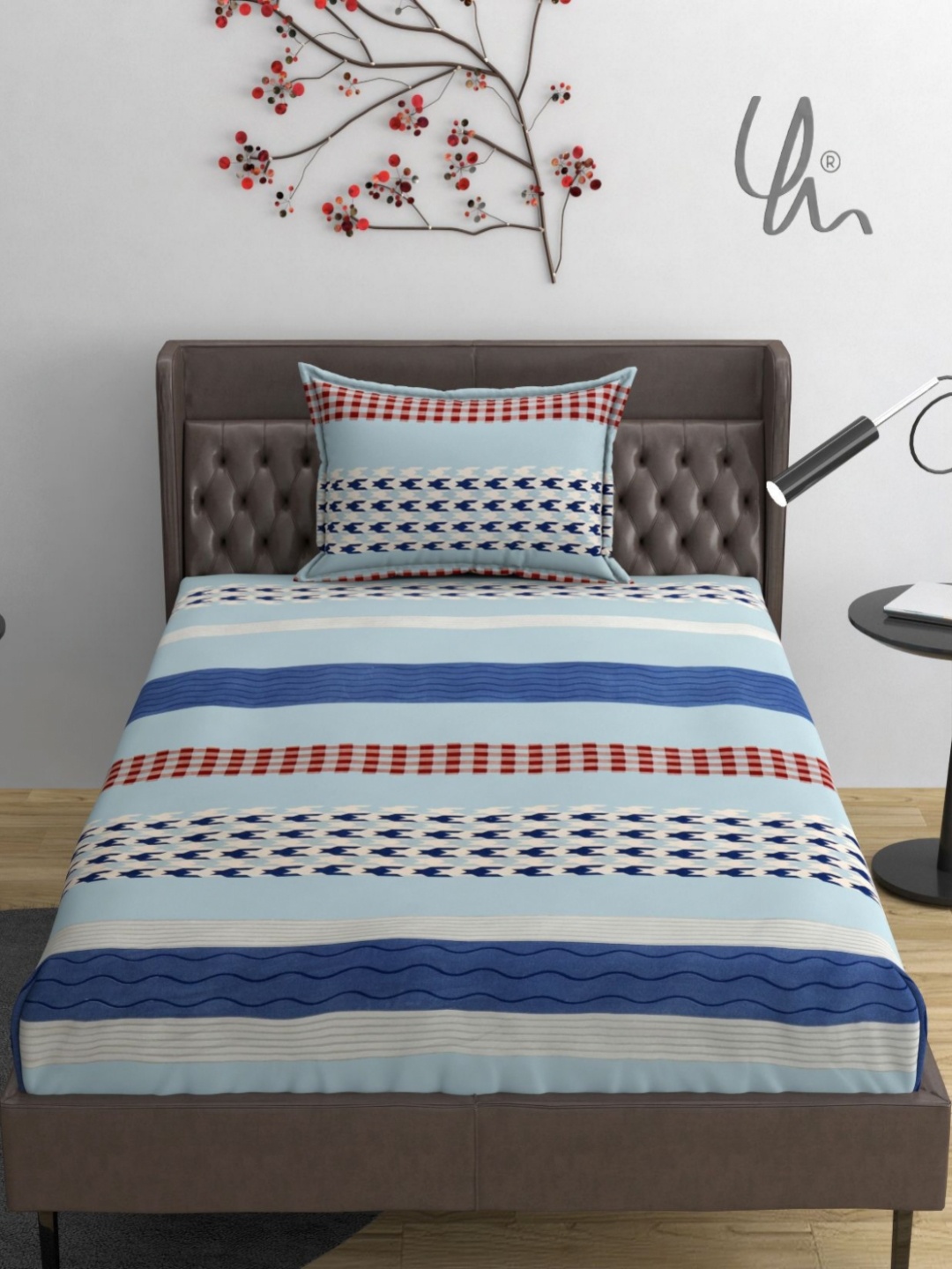 

YaAkholic Blue Striped Microfiber Fitted 210 TC Single Bedsheet Set 1.82 m x 1.21 m