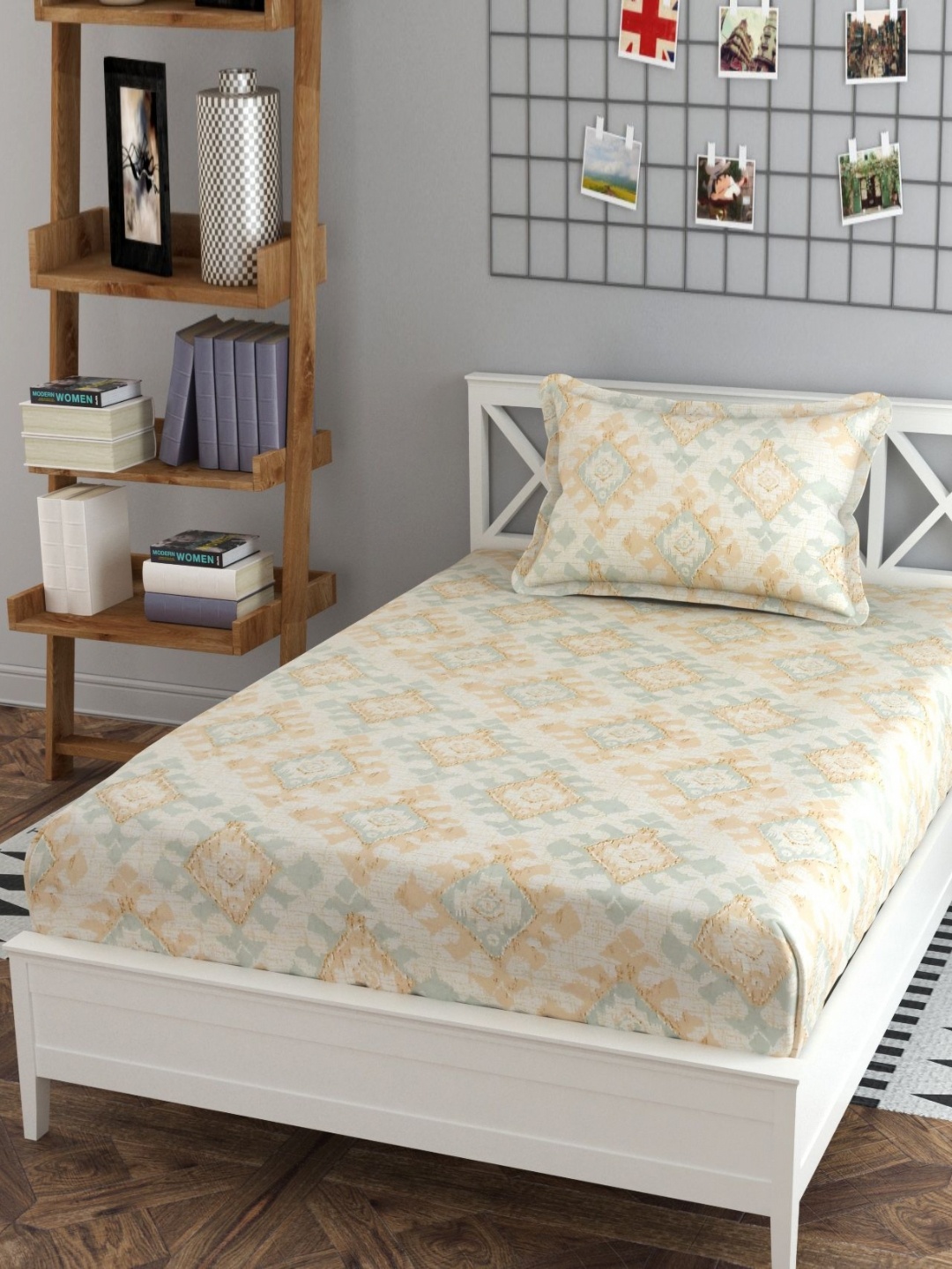 

YaAkholic Cream Printed Microfiber Fitted 220 TC Single Bedsheet Set 1.82 m x 1.21 m