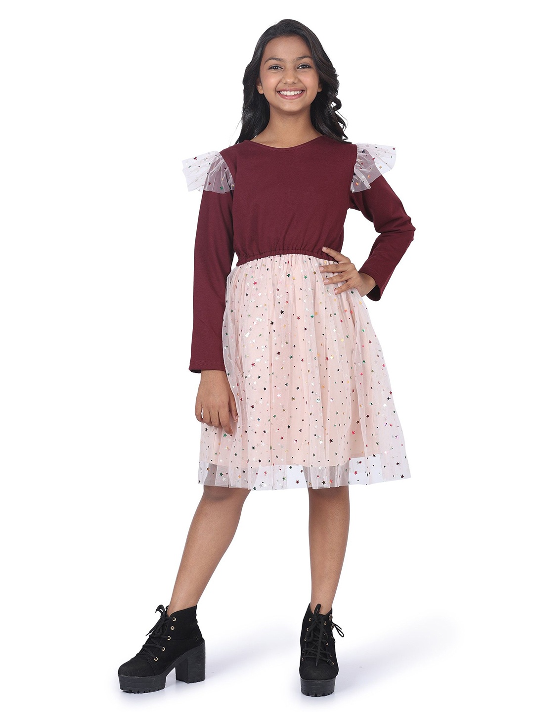 

SILK SPARROW Girls Printed Round Neck Fit & Flare Dress, Maroon