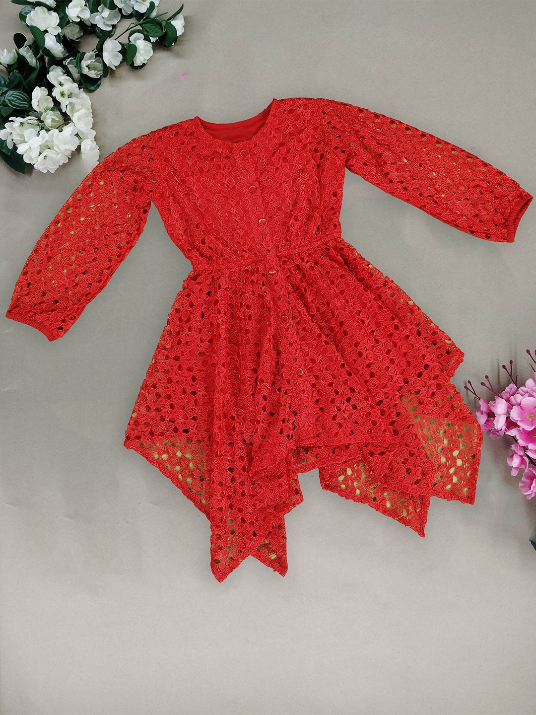 

SILK SPARROW Girls Lace Round Neck A-Line Dress, Red
