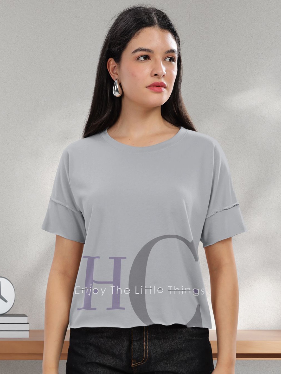 

HELLCAT Women Typography Printed Round Neck Cotton T-shirt, Grey