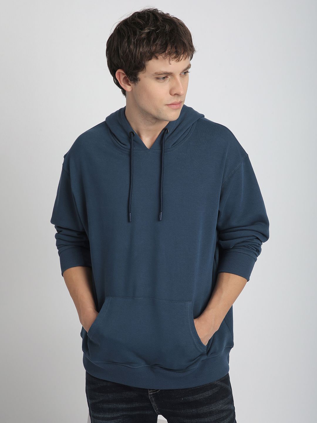 

R&B Men Cotton Hooded Sweatshirt, Blue