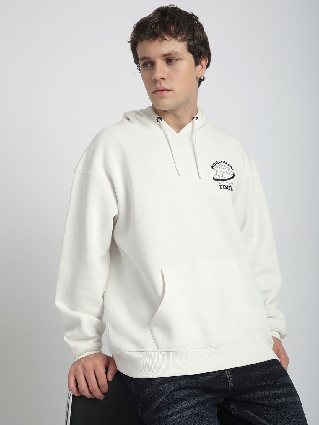 R&B Men Hooded Cotton Sweatshirt, White