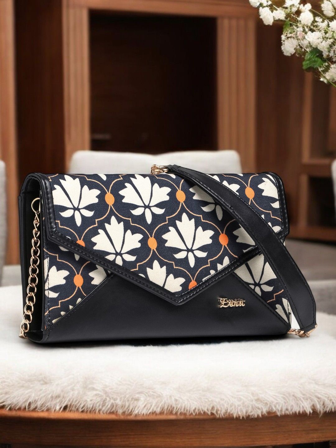 

Exotic Textured Foldover Clutch, Black