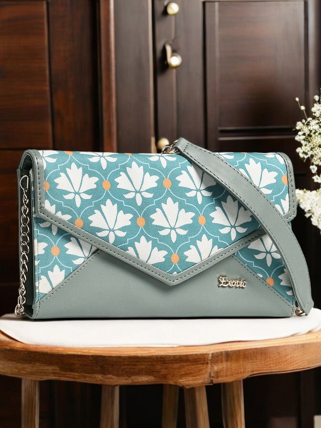 

Exotic Textured Foldover Clutch, Green