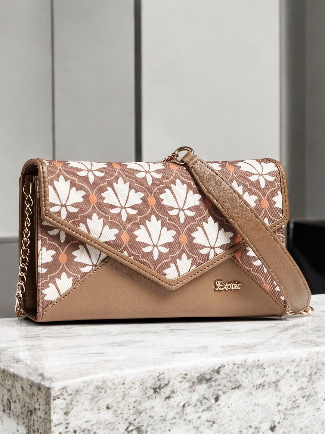 Exotic Textured Foldover Sling Bag, Brown
