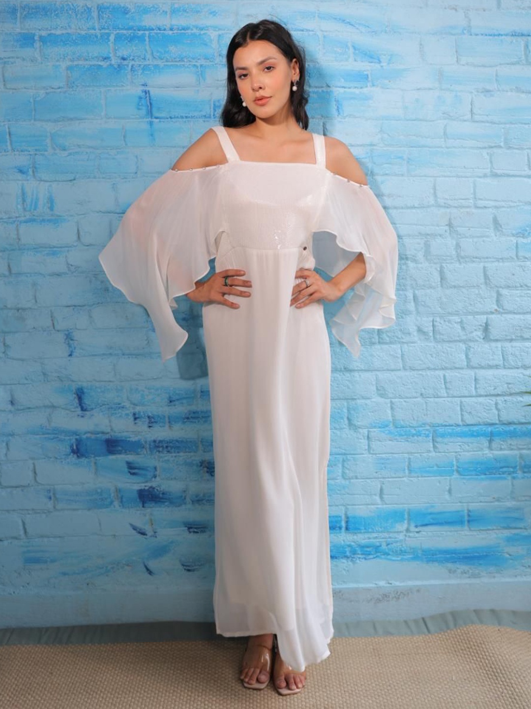 

Komarri U Embellished Georgette Cold-Shoulder Sleeves Maxi Dress, White