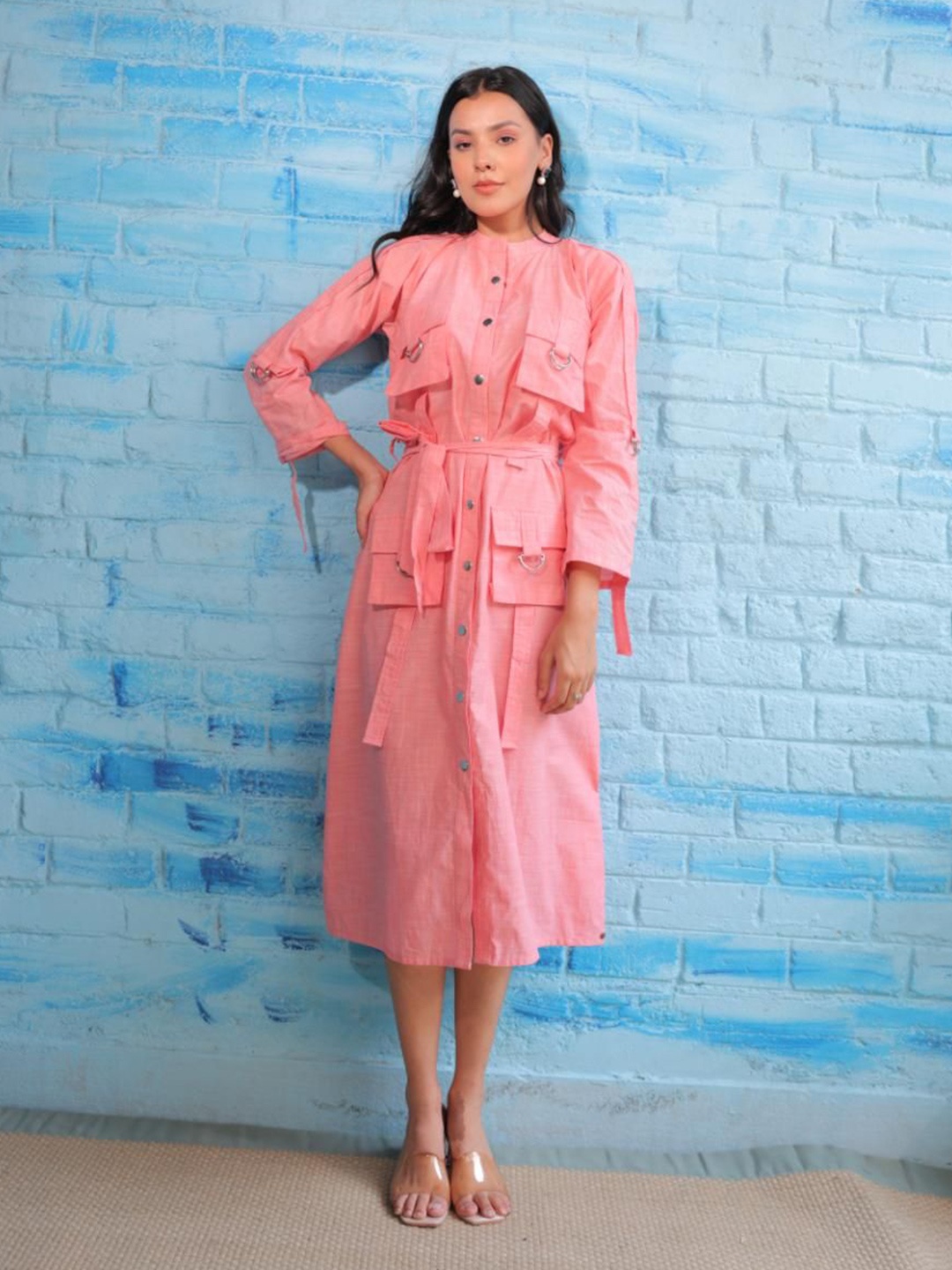 

Komarri U Women Pocket Detailing Shirt Midi Dress, Pink