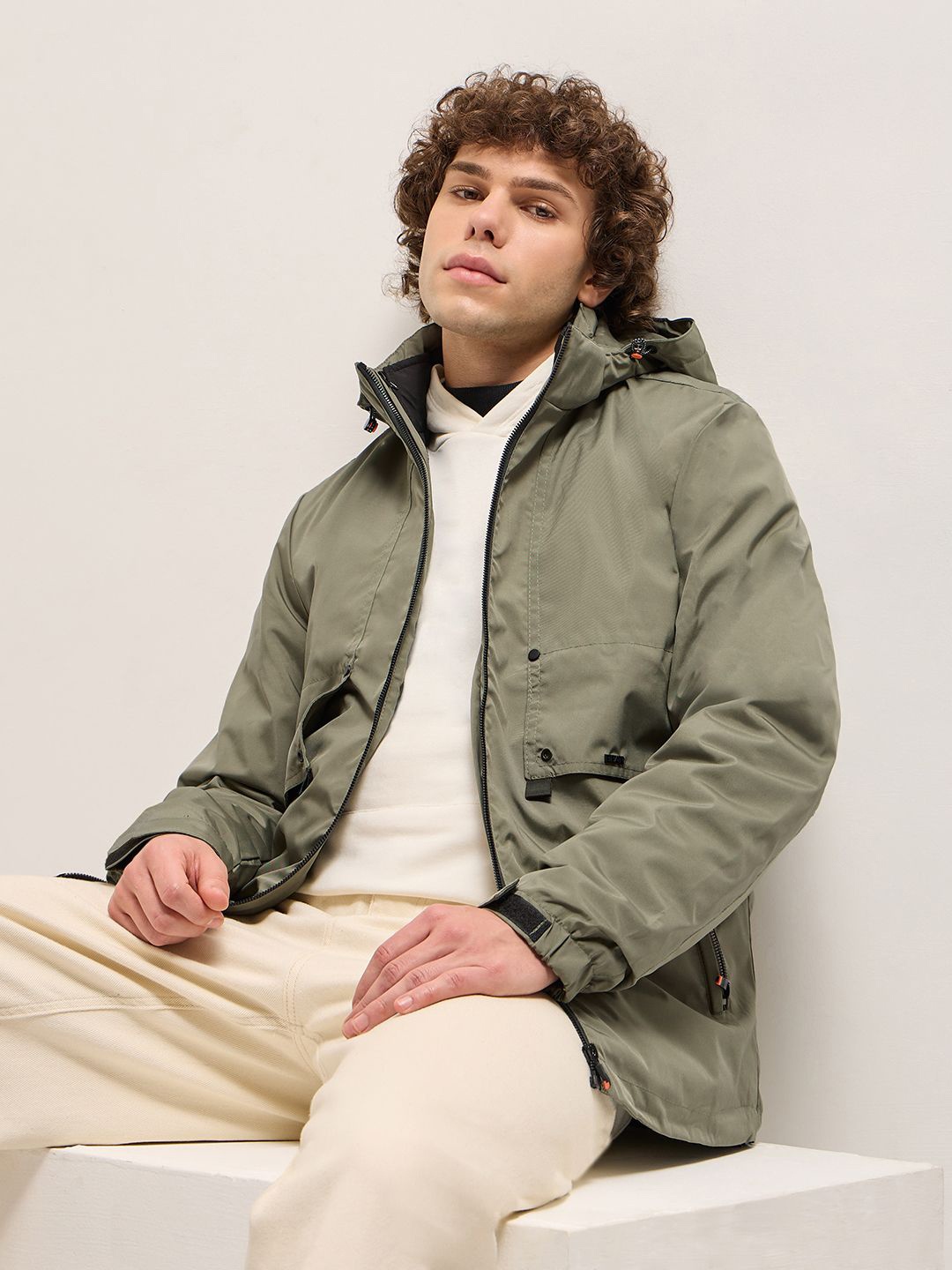 

THE BEAR HOUSE Men Hooded Solid Open Front Jacket, Olive