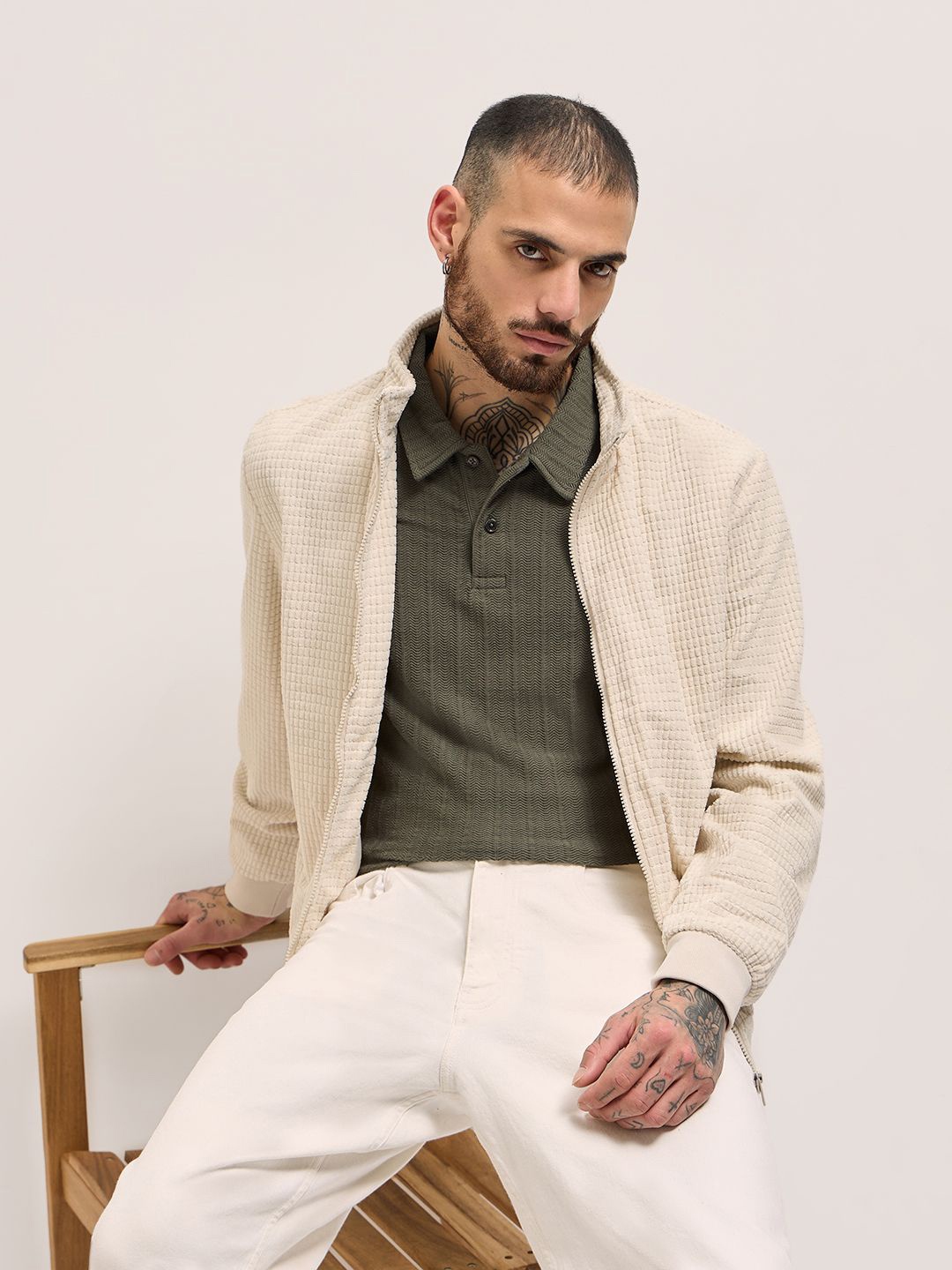 THE BEAR HOUSE Men Mock Collar Self Design Casual Bomber Jacket, Cream