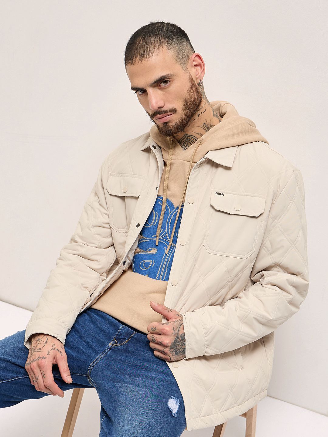 THE BEAR HOUSE Men Spread Collar Solid Casual Quilted Jacket, Cream