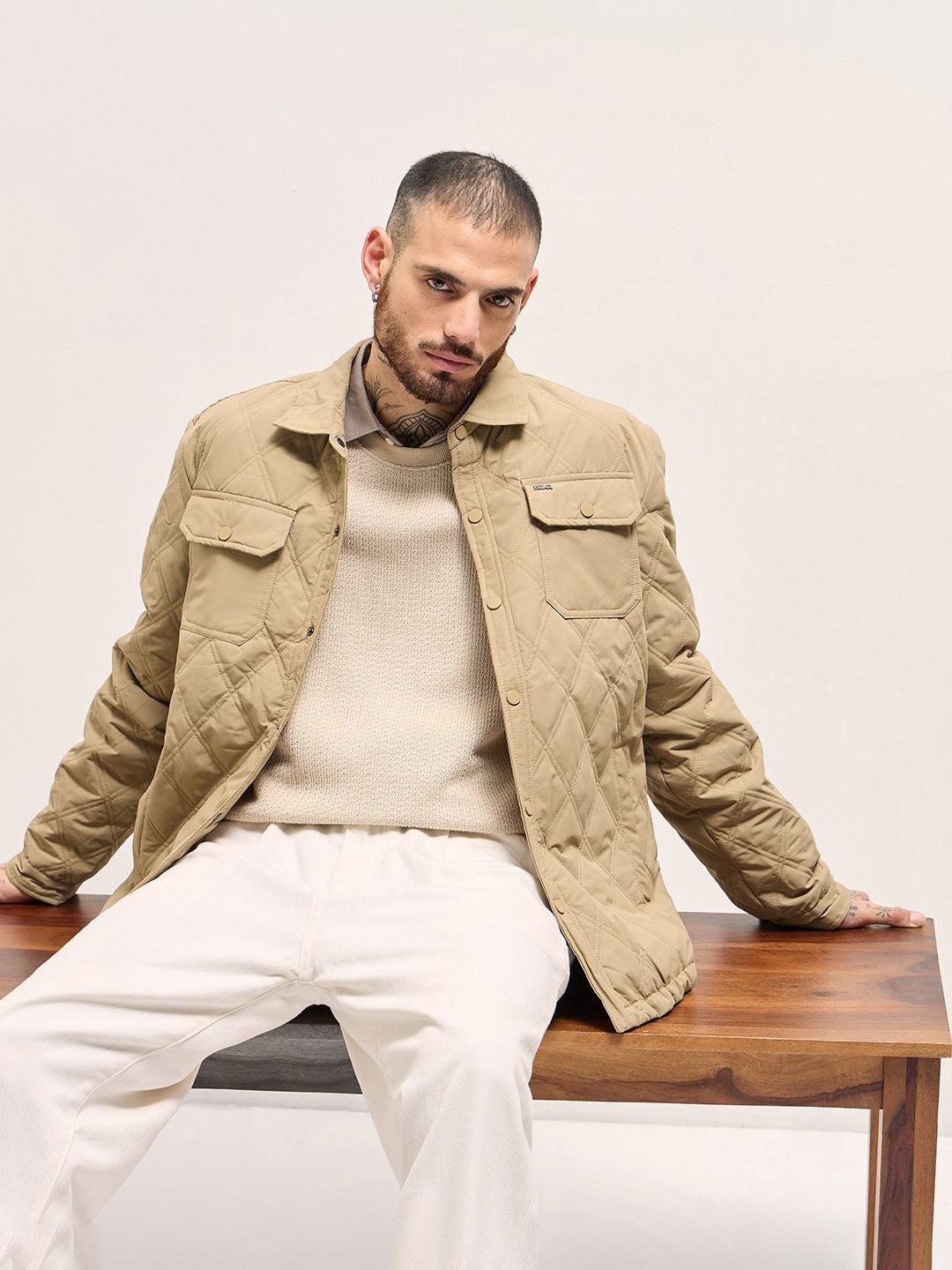 

THE BEAR HOUSE Men Spread Collar Solid Casual Padded Jacket, Beige