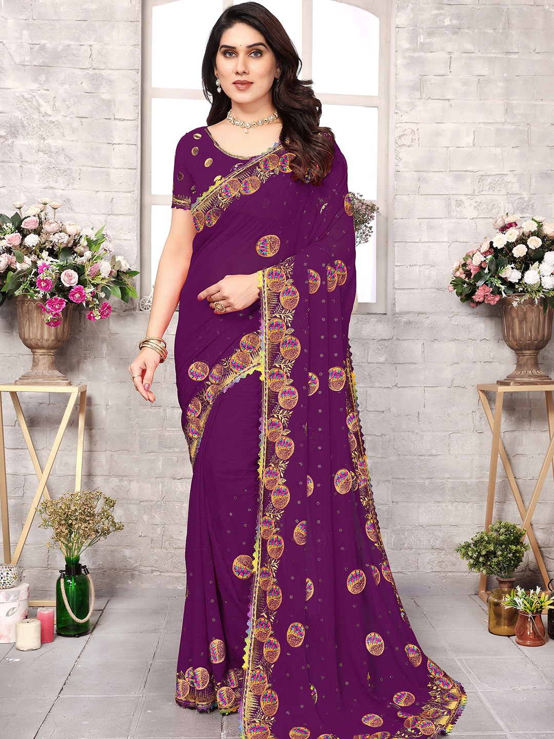 

KHRITI FAB Floral Zardozi Pure Georgette Saree, Purple